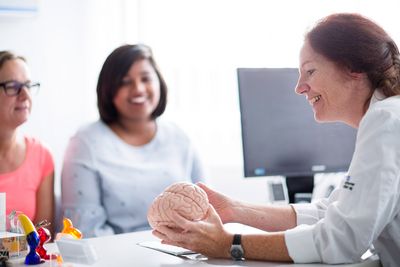 Neurologische Sprechstunde Eine Ärztin zeigt zwei Frauen ein Modell